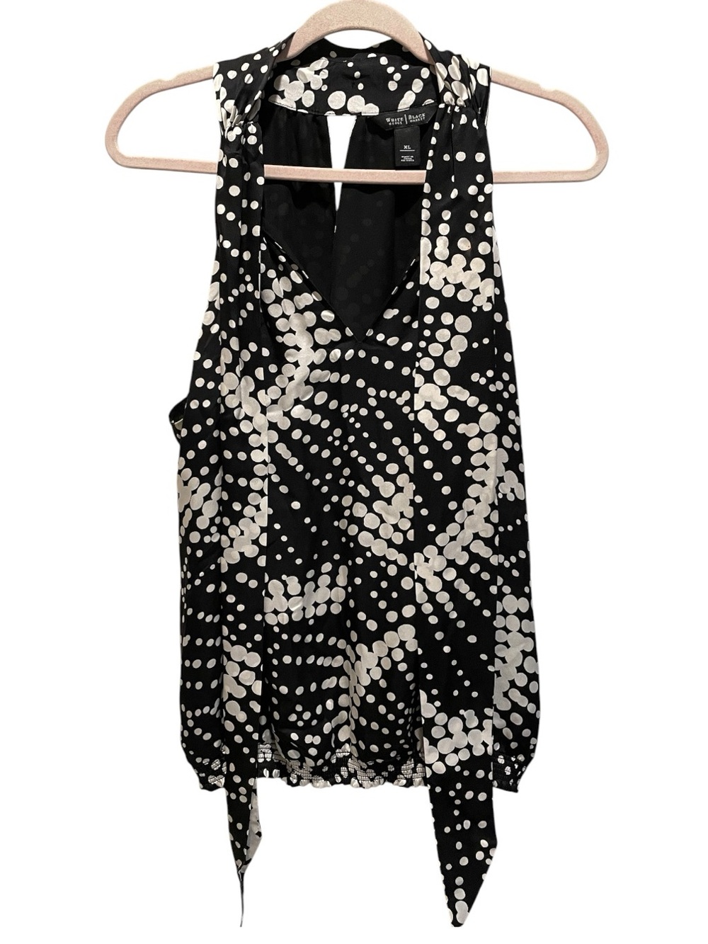 White House Black Market Polka Dots Silk Tie Neck Smocked Lined Top. Size XL